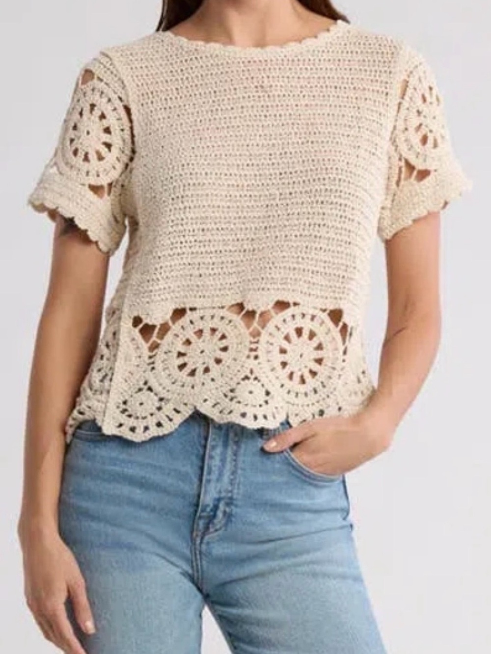 Solitaire Cream Crochet Short Sleeve Knit Top